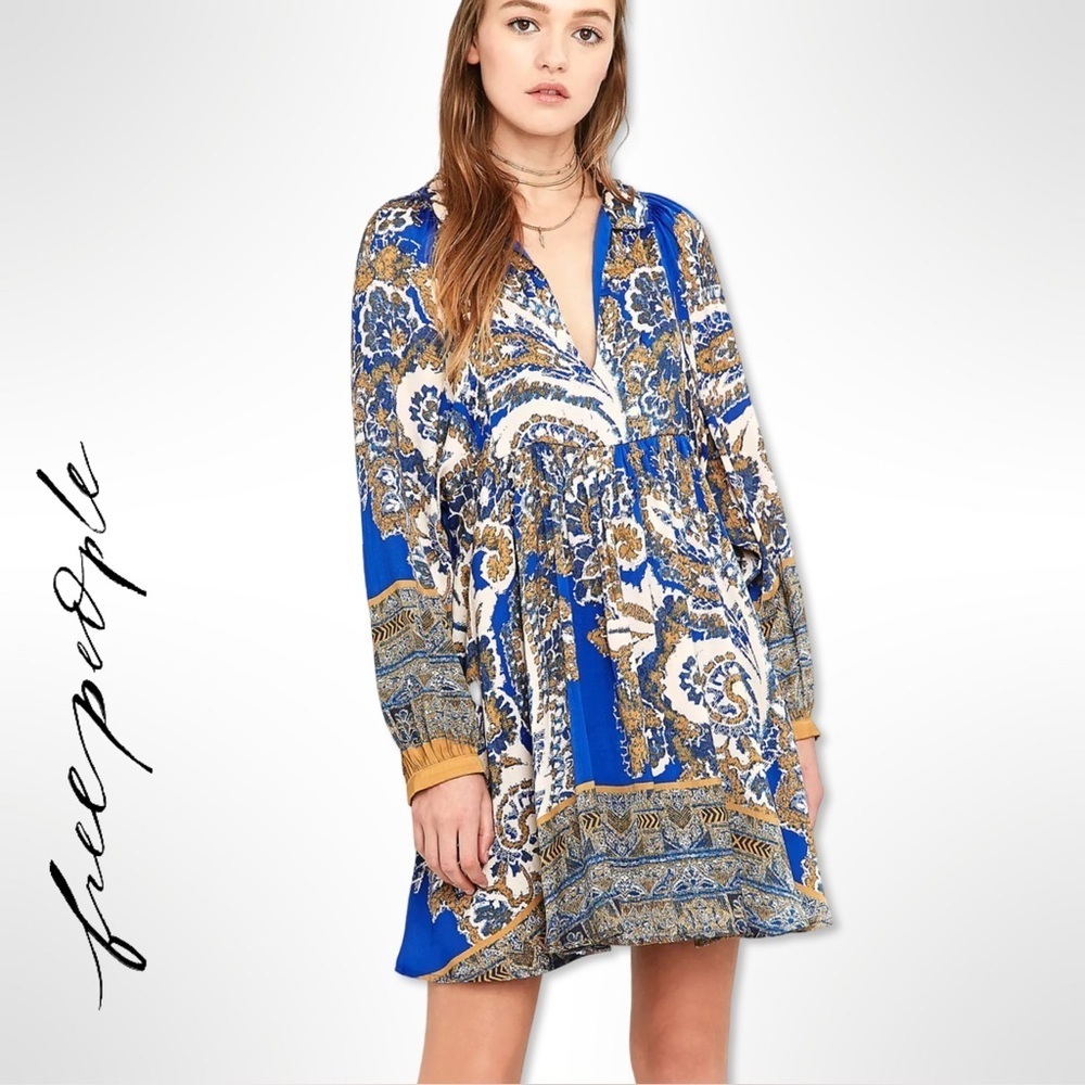 Free People Say You Love Me Blue Mini Dress Size XS Blue Tan Boho Paisley Mini